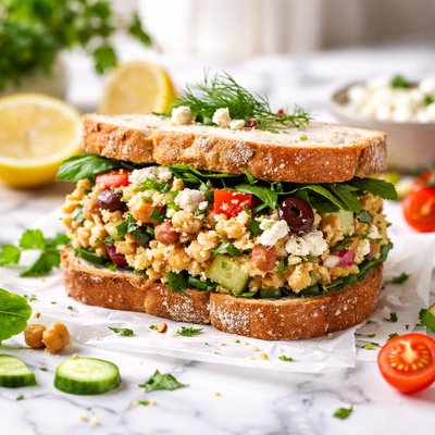 Image of Smashed Chickpea Greek Salad Sandwich