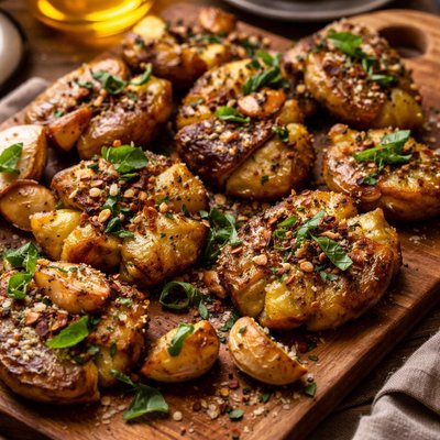 Image of Smashed Fingerling Potatoes with Roast Garlic Basil Oil