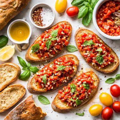 Image of Smeared Tomato Bruschetta W Extra Virgin Olive Oil Torn Basil