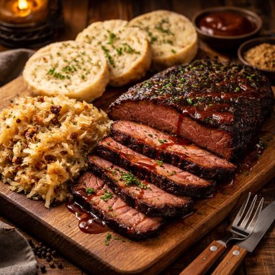 Image of Smoked Beef Brisket with Sauerkraut and Dumplings