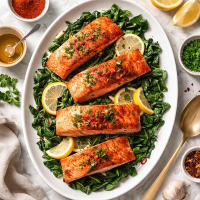 Image of Smoked Paprika Roasted Salmon with Wilted Spinach