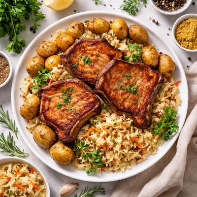 Image of Smoked Pork Chops with Potatoes Sauerkraut