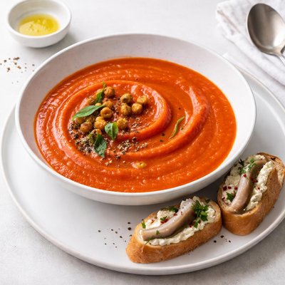 Image of Smoked Red Pepper Soup with Anchovy Crostini