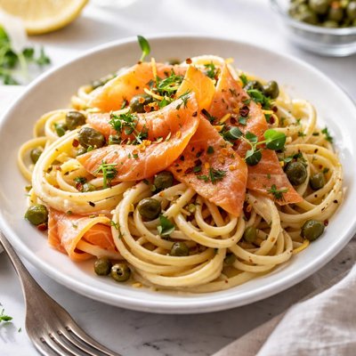 Image of Smoked Salmon and Capers Over Linguini