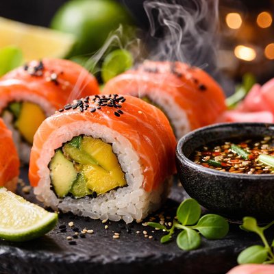 Image of Smoked Salmon and Mango Sushi with Citrus Soya Dipping Sauce