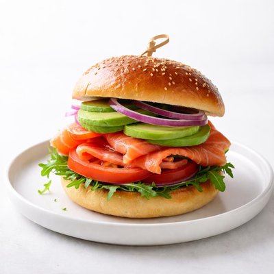 Image of Smoked Salmon Burger Tomato Red Onion and Avocado