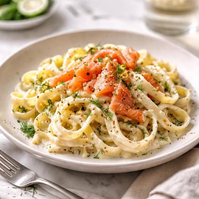 Image of Smoked Salmon Fettuccine with Healthy Dill Alfredo Sauce