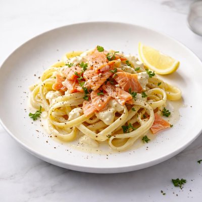 Image of Smoked Salmon in Creamy Whiskey Sauce Over Pasta