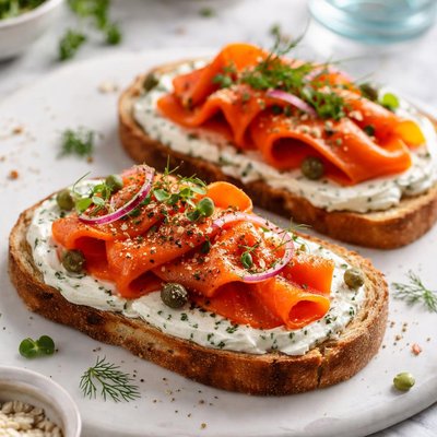 Image of Vegetarian Smoked Salmon on Herb Cream Cheese Toast