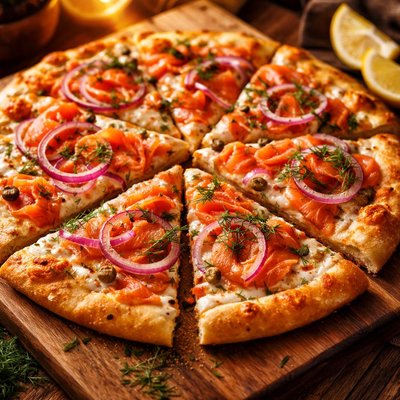 Image of Smoked Salmon Pizza with Red Onion and Dill