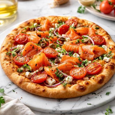 Image of Smoked Salmon Tomato and Feta Pizza