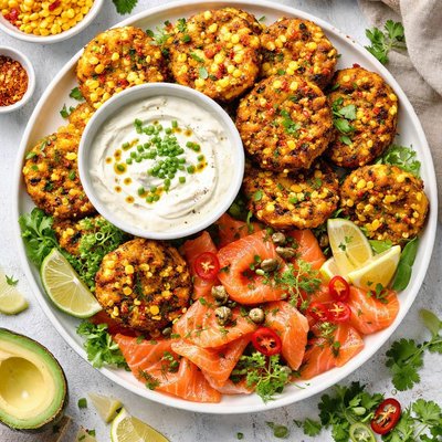 Image of Smoked Salmon W Chili Corn Fritters and Sour Cream Dip