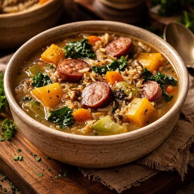 Image of Smoked Sausage Butternut Squash and Wild Rice Soup