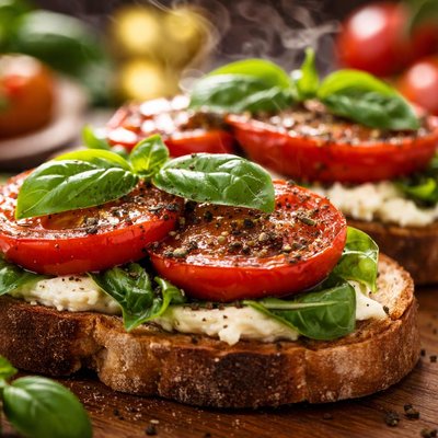 Image of Smoked Tomato Sandwiches with Goat Cheese and Basil