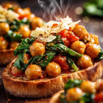 Image of Smoky Chickpeas with Spinach Tomato and Manchego Cheese Tapas