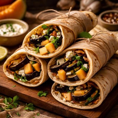 Image of Smoky Eggplant and Melon Wraps