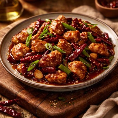 Image of Smoky Hot Chicken Stir Fried with Dried Red Chillies and Green G