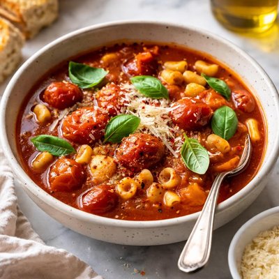 Image of Smoky Roasted Tomato and Pasta Soup