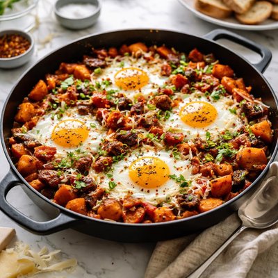 Image of Smoky Sweet Potato Hash with Baked Eggs and Manchego