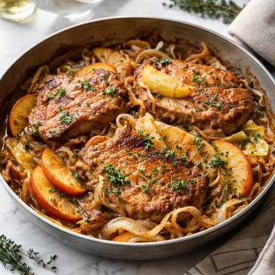 Image of Smothered Pork Chops with Apples Onions and Cabbage