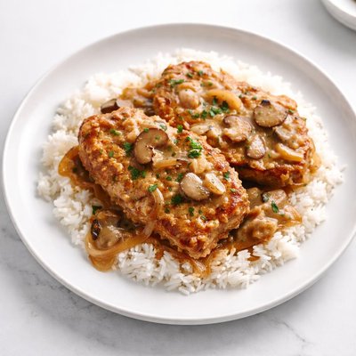 Image of Smothered Pork Chops with Gravy and Rice