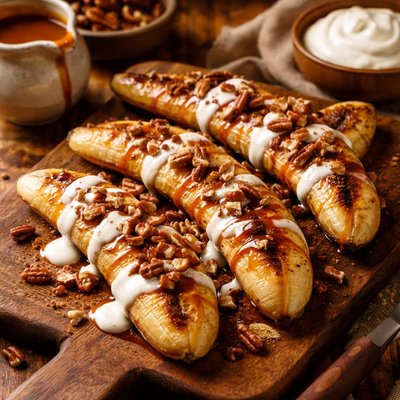 Image of So Yummy Grilled Bananas with Caramel Sauce and Crema Mexicana
