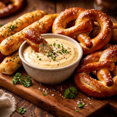 Image of Soft Pretzels or Breadsticks with Swiss Cheese Dip