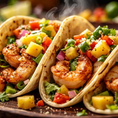 Image of Soft Shrimp Tacos with Tropical Salsa