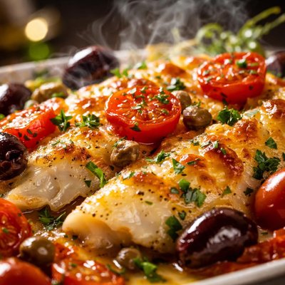 Image of Sole Gratin with Tomatoes Capers and Olives