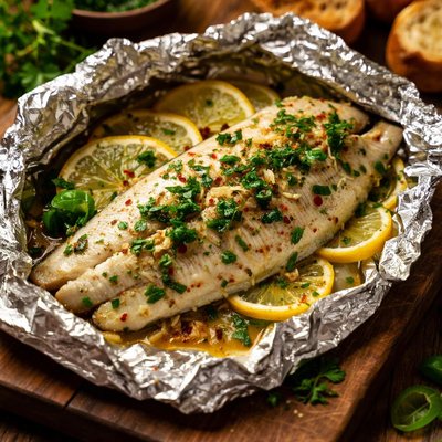 Image of Sole with Basil Butter Grilled in a Foil Packet