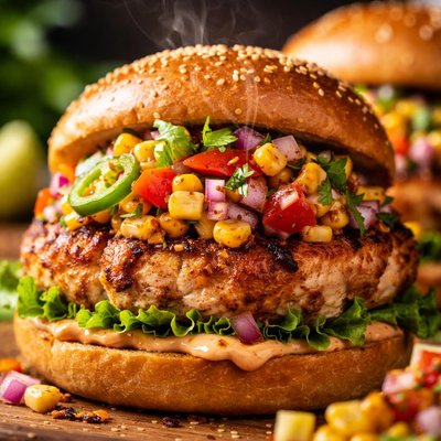 Image of Southwest Chicken Burgers with Sweet Corn Salsa