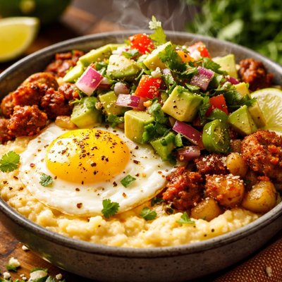 Image of Southwestern Cheese Grits Breakfast Bowl with Avocado Salsa