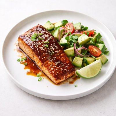 Image of Soy Glazed Salmon with Cucumber Avocado Salad