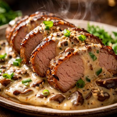 Image of Soy Marinated Pork Tenderloin with Shiitake Cream