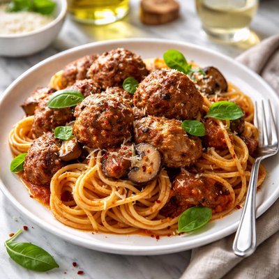 Image of Spagetti and Meatballs with Italian Sausage and Mushrooms