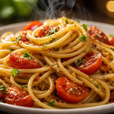 Image of Spaghetti in a Light Olive and Tomato Sauce