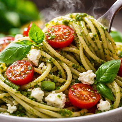 Image of Spaghetti Salad with Tomatoes Feta and Pesto Sauce Can Be Gf