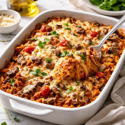Image of Spaghetti Squash Tomato Mushroom Cheese Casserole