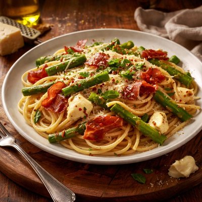 Image of Spaghetti with Asparagus Smoked Mozzarella and Prosciutto