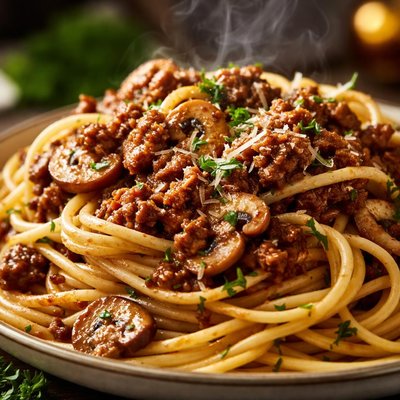 Image of Spaghetti with Beef and Mushroom Sauce