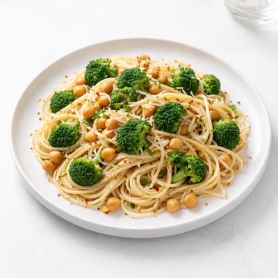 Image of Spaghetti with Broccoli Chickpeas and Garlic