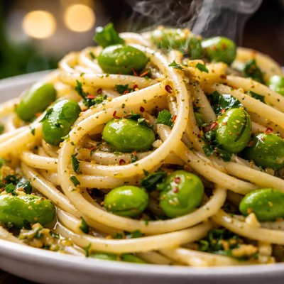 Image of Spaghetti with Edamame Parsley Garlic and Olive Oil