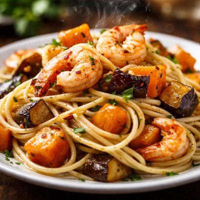 Image of Spaghetti with Eggplant Butternut Squash Shrimp