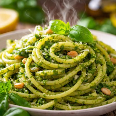Image of Spaghetti with Green Basil Sauce