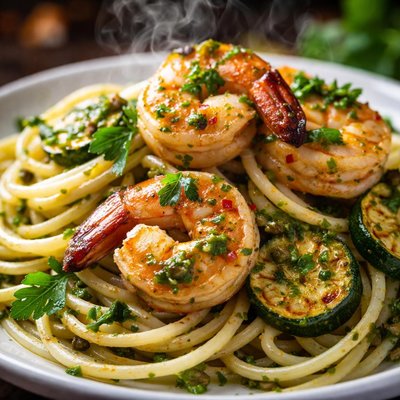 Image of Spaghetti with Grilled Shrimp Zucchini and Salsa Verde
