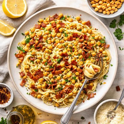 Image of Spaghetti with Lemon Chickpeas and Bacon