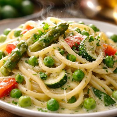 Image of Spaghetti with Low Fat Creamy Spring Vegetable Sauce