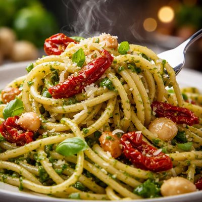 Image of Spaghetti with Macadamia Pesto and Semi Dried Tomatoes