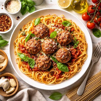 Image of Vegetarian Spaghetti with Meatballs and Cheese