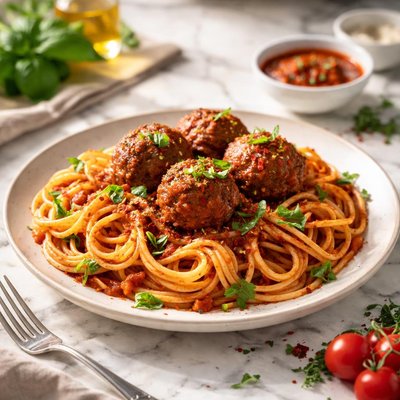 Image of Vegan Spaghetti with Meatballs and Tomato Sauce